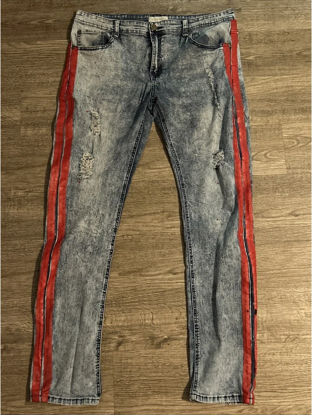 Blind Trust Mens Stretch Paint Splash Jeans Orange Side Stripes Sz. 40/34